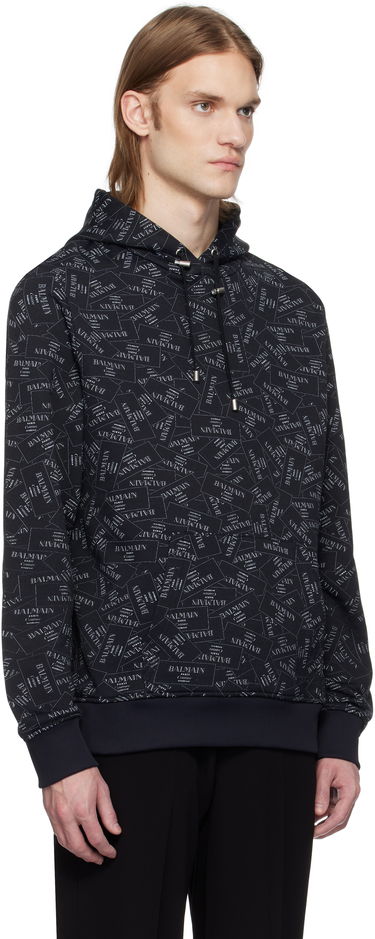 Sweatshirt Balmain Balmain All-Over Label Print Hoodie Sort | EH1JT047GE38, 1
