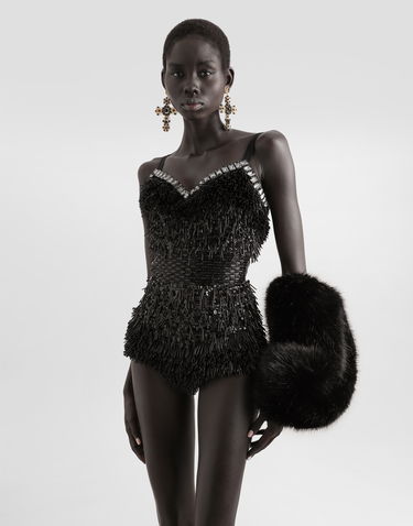 Krop Dolce & Gabbana Dolce & Gabbana Sequined and Micro-Beaded Bodysuit Sort | F78JEZGDC0IS9021, 3