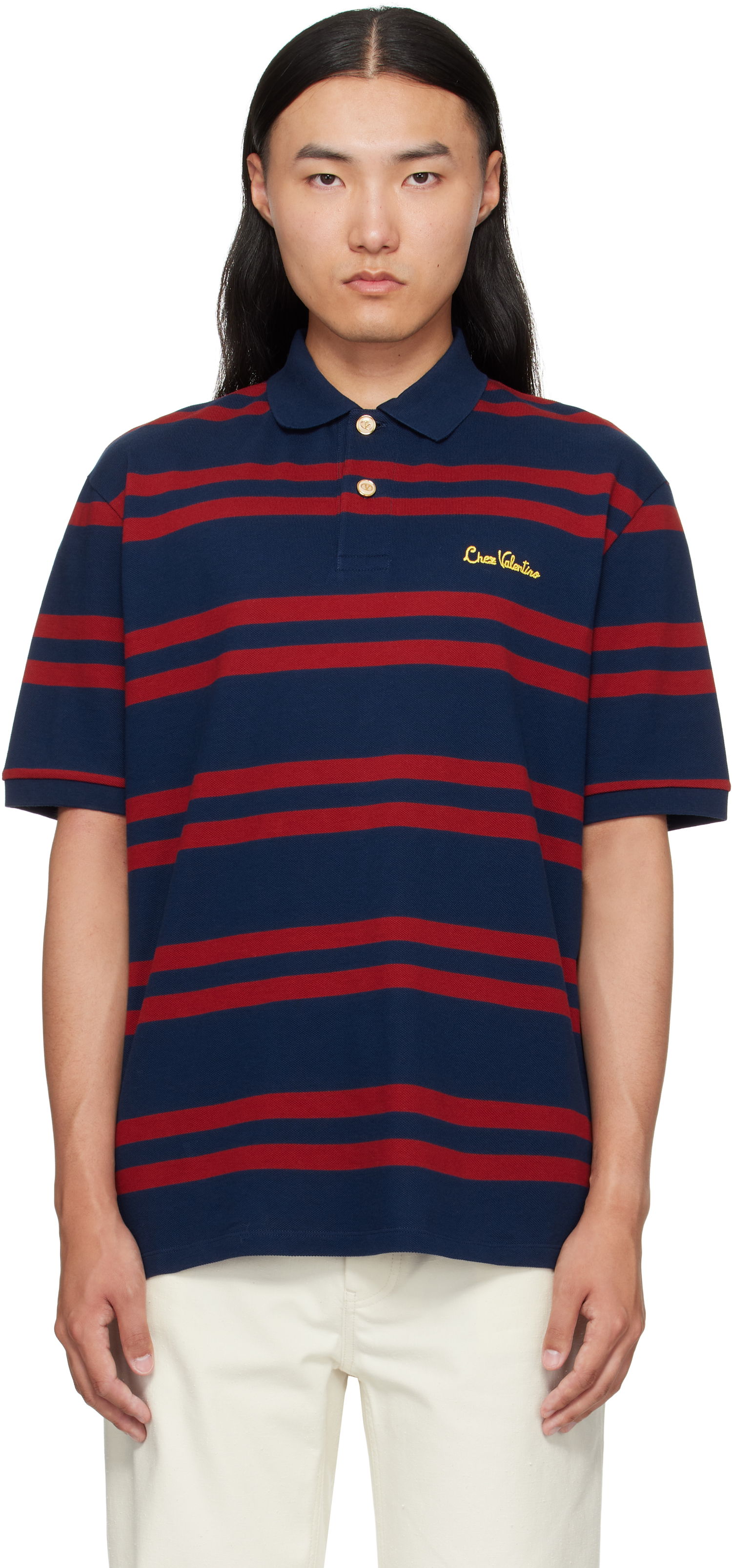 Polo skjorte Valentino Valentino 'Chez Valentino' Cotton Piqué Polo Mørkeblå | 7V3MH04CAYN, 0