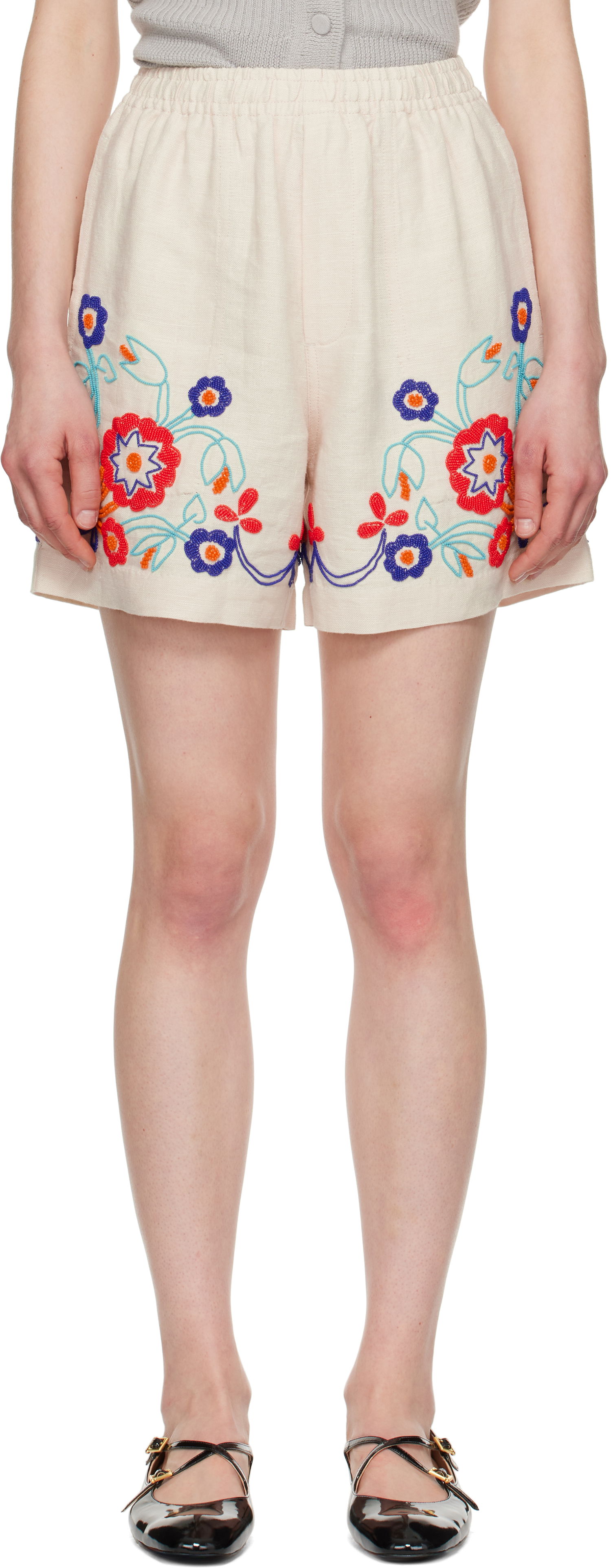 Shorts Bode Bode Beaded Garden Party Shorts Beige | MRS25BT049, 0