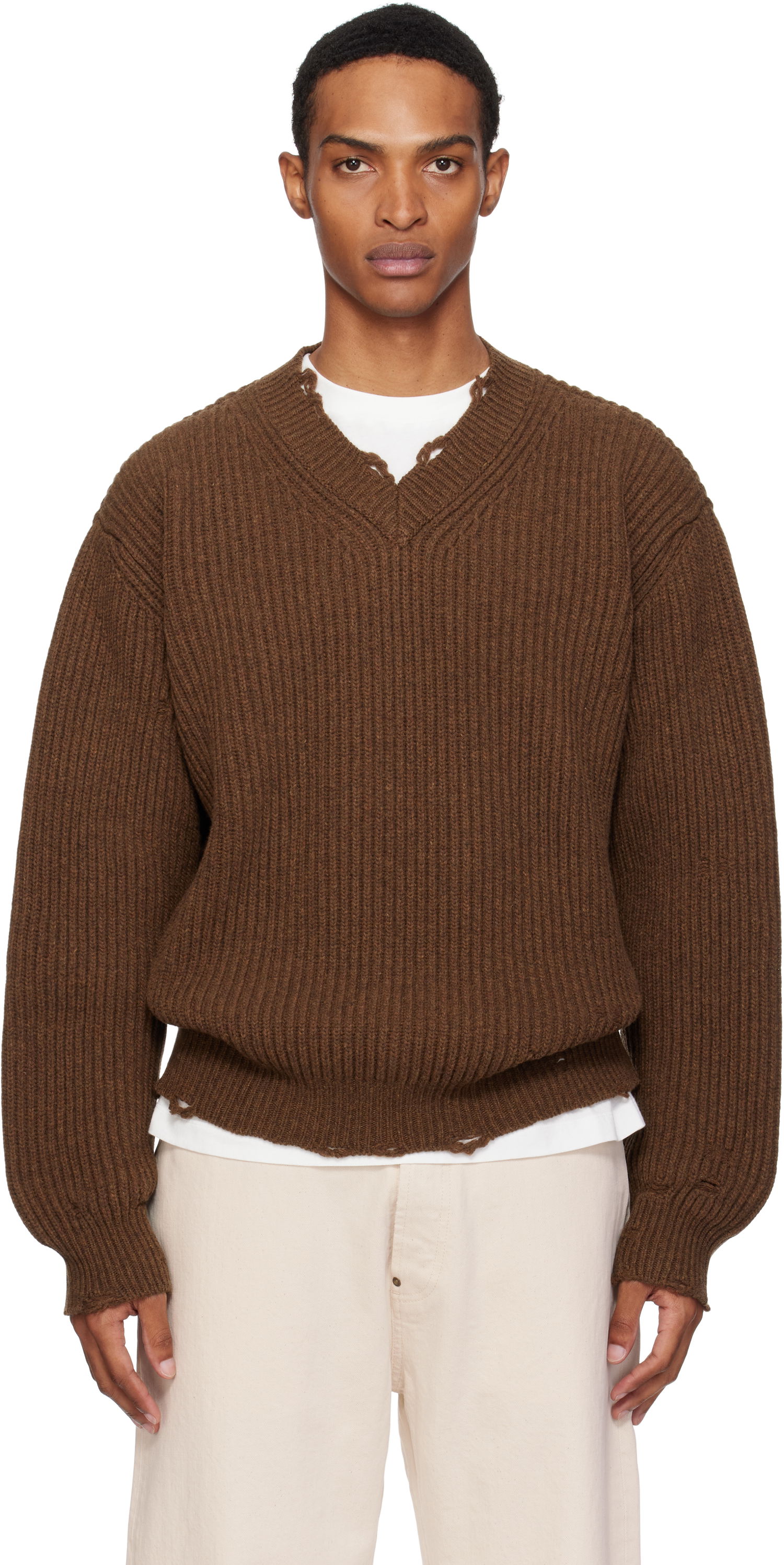 Sweater Maison Margiela MM6 Maison Margiela Ribbed Wool Knit V-Neck Sweater Brun | SH0HN0003 M13138, 0