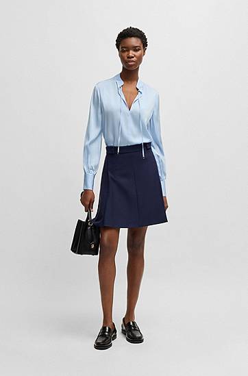Skjorte BOSS Relaxed Fit Stretch Silk Blouse with Keyhole Neckline Blå | 50538492, 1
