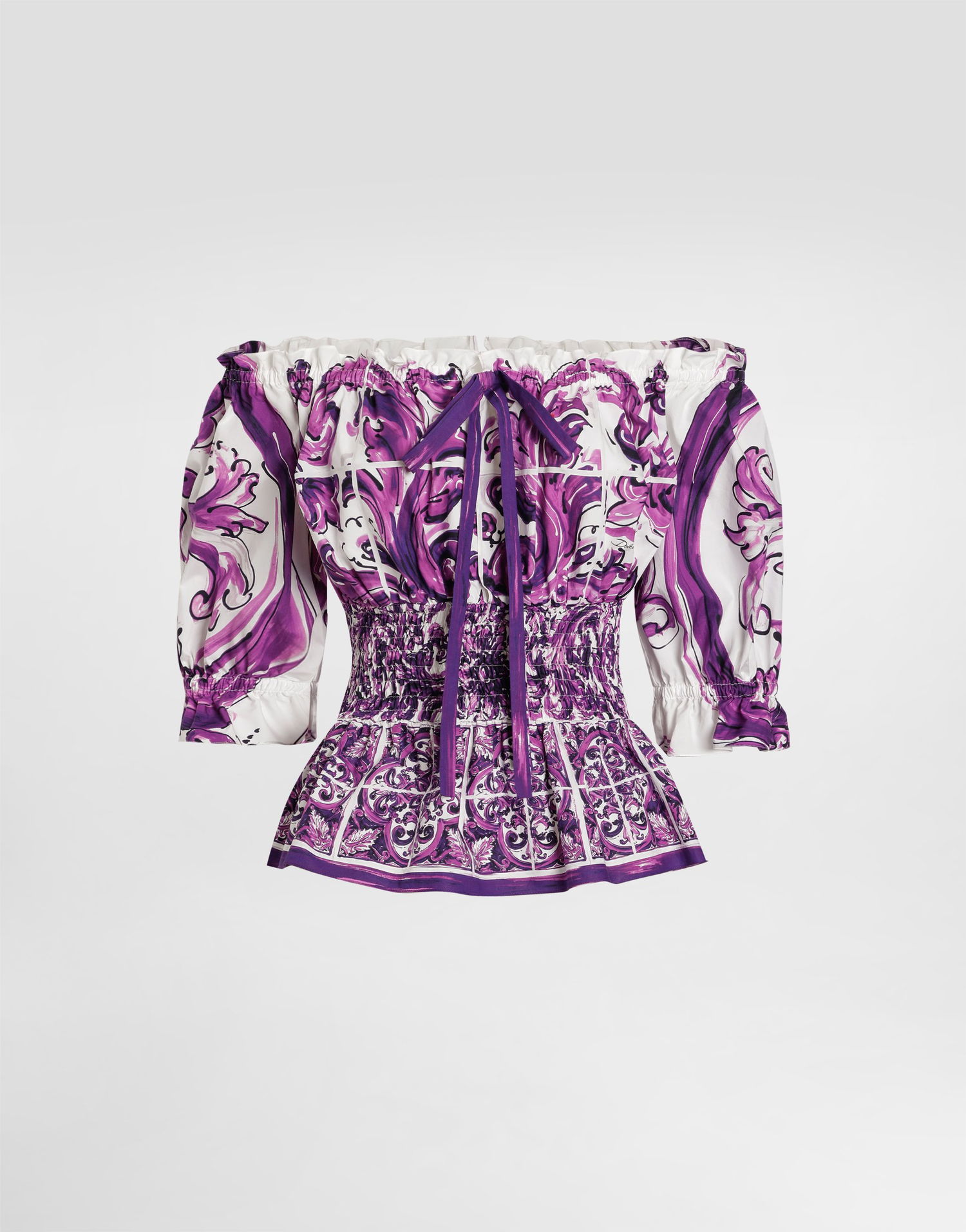 Skjorte Dolce & Gabbana Dolce & Gabbana Majolica Print Off-the-Shoulder Poplin Top Lilla | F71I6TFI5JPHP5DQ, 0