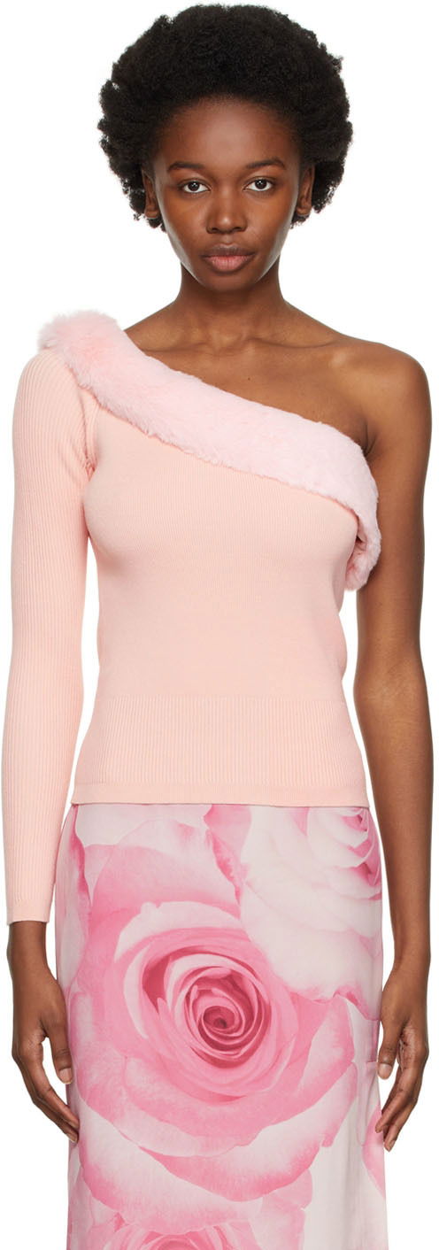 Sweater Blumarine One Shoulder Faux Fur Trimmed Sweater Lyserød | 2M181A