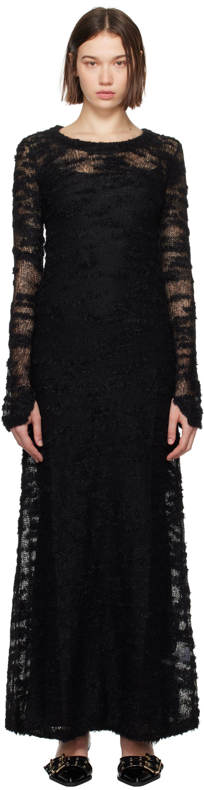 Kjole GANNI Bouclé Long Sleeve Maxi Dress Sort | K2329