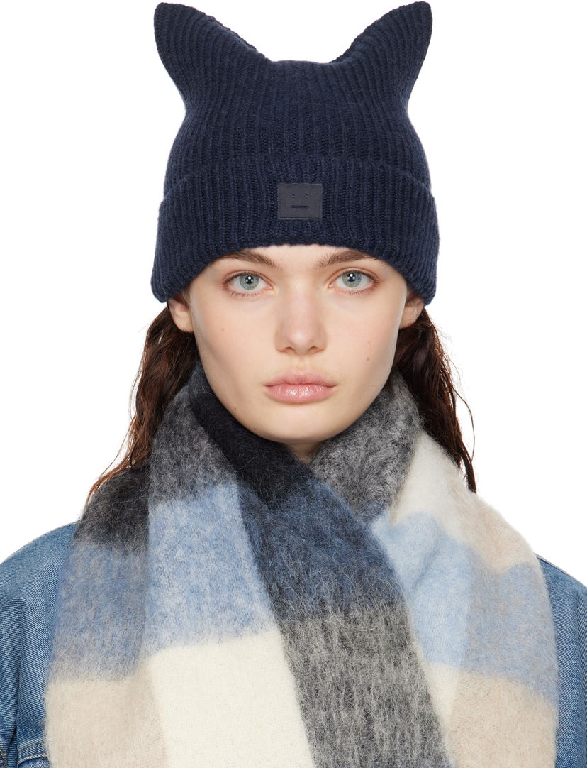 Beanie Acne Studios Acne Studios Knit Cat-Ear Beanie with Face Logo Mørkeblå | C40392-