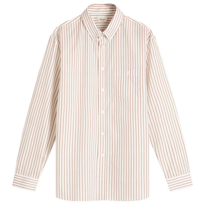 Skjorte Saint Laurent Saint Laurent Striped Shirt with Embroidered Pocket, Size 39 Beige | 823194-Y6E77-9260