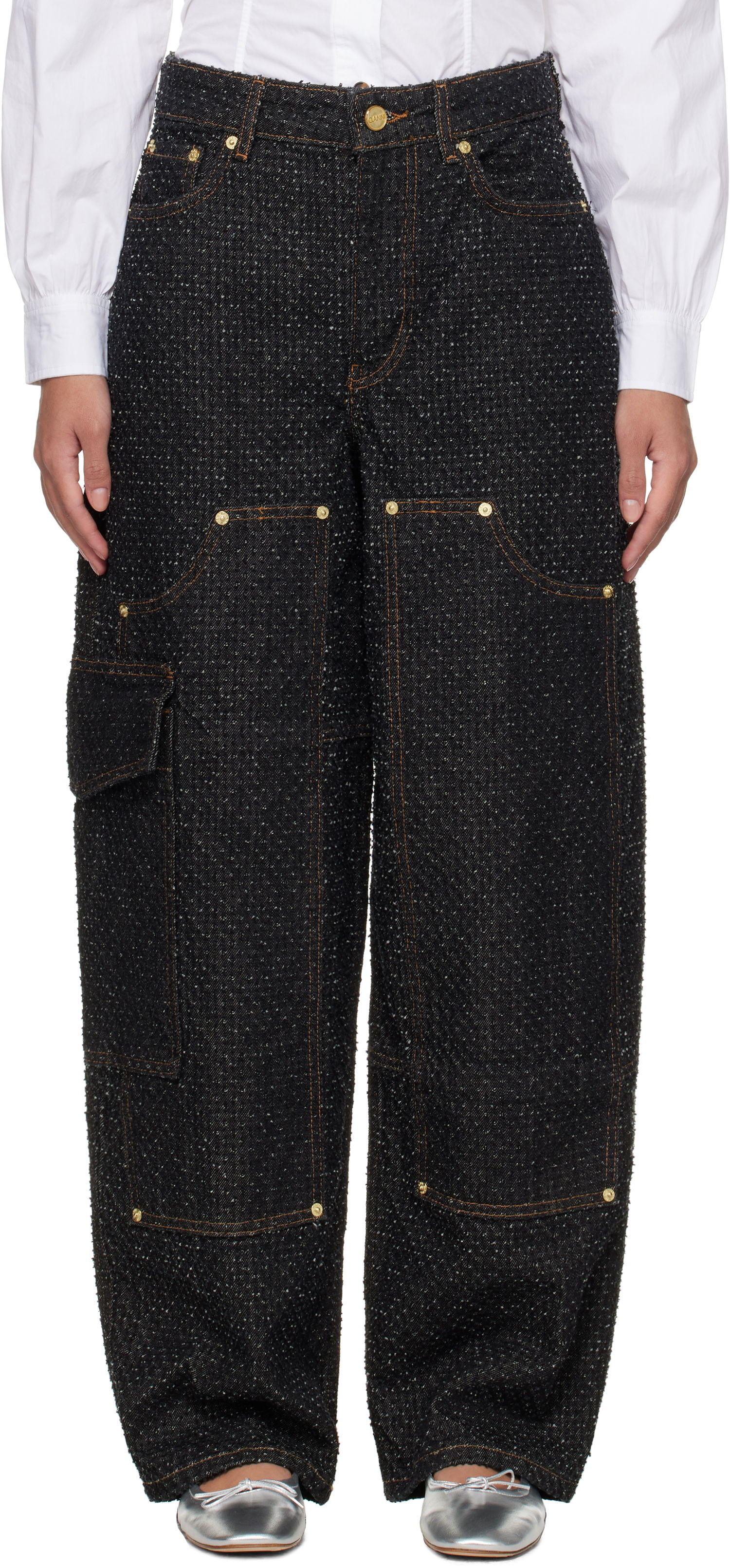 Cargo bukser GANNI GANNI Fluffy Carpenter Jeans Sort | J1617, 0