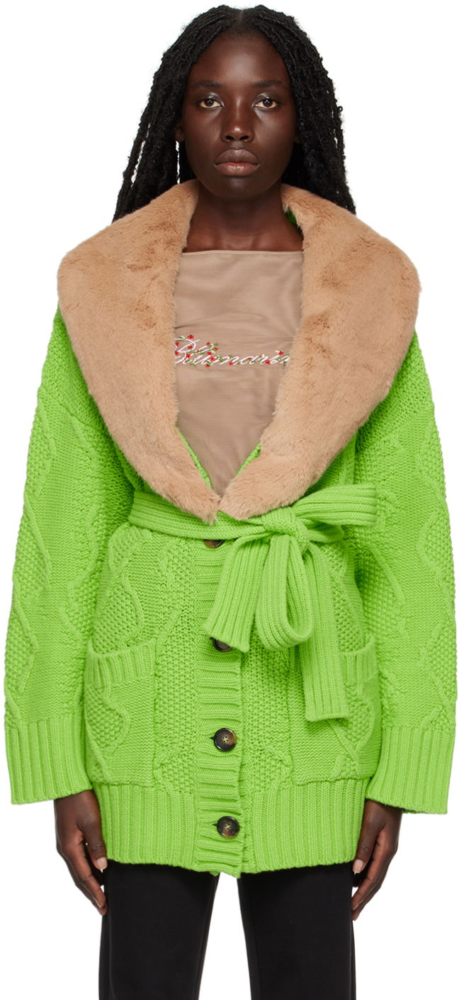 Jakke Blumarine Faux Fur Collar Cable Knit Cardigan Grøn | 2 M220A, 0