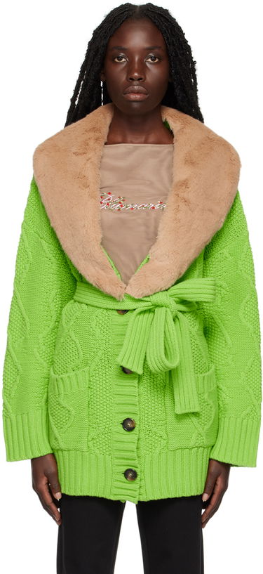 Jakke Blumarine Faux Fur Collar Cable Knit Cardigan Grøn | 2 M220A, 0