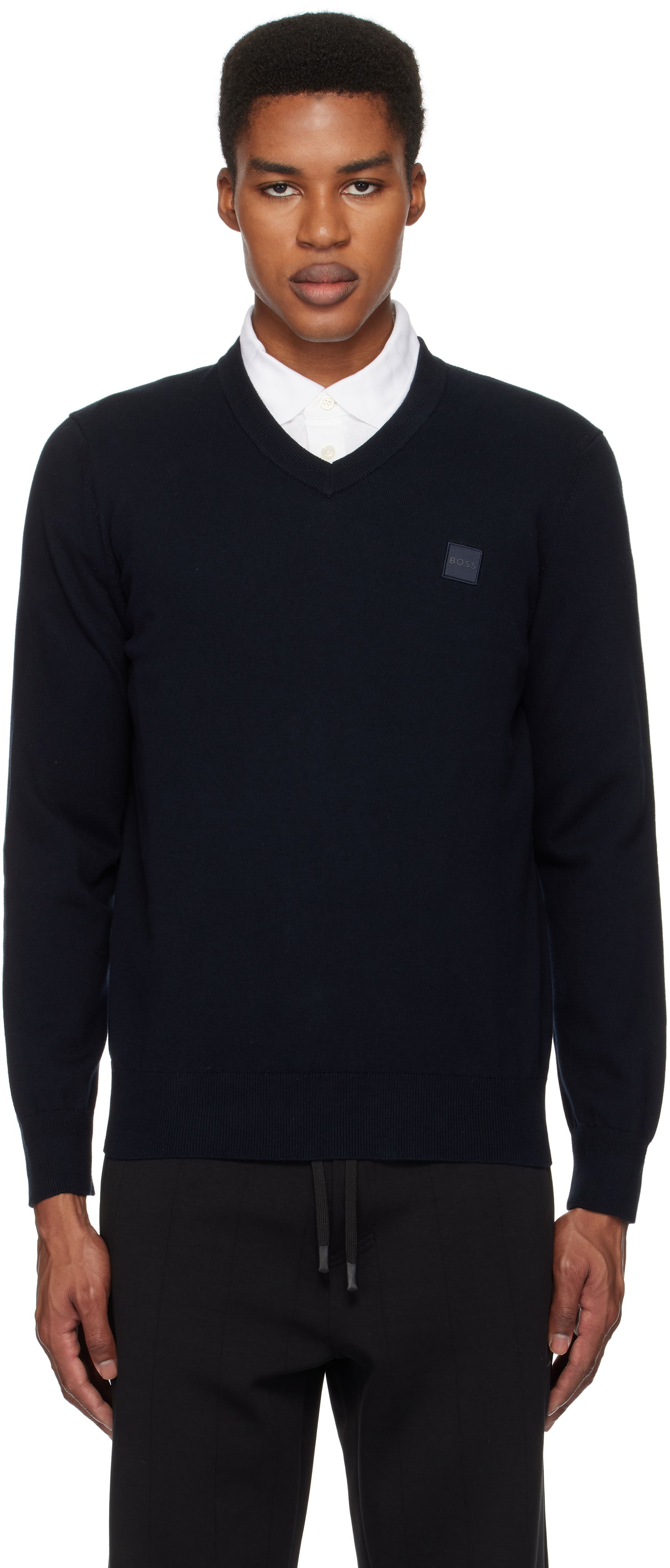 Sweater BOSS V-Neck Logo Patch Sweater Mørkeblå | 50534120, 0