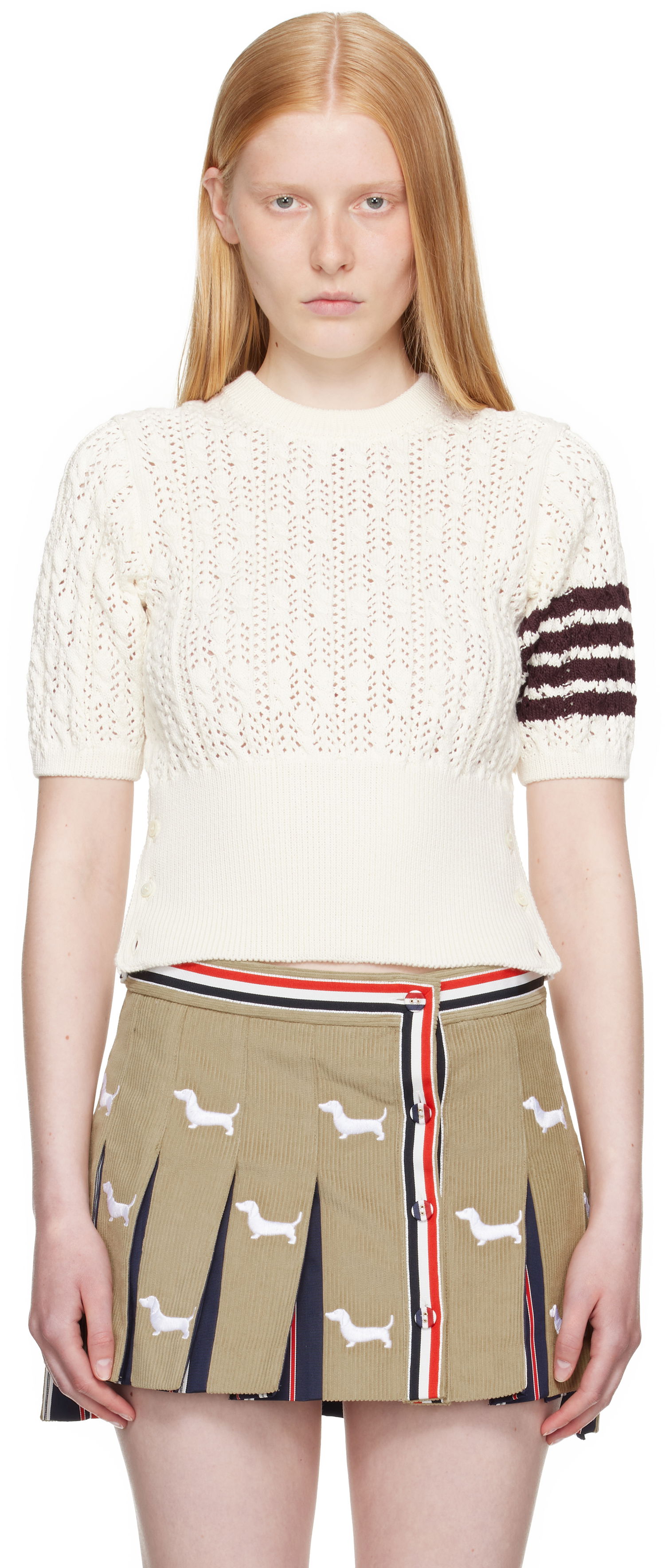 Sweater Thom Browne Thom Browne Pointelle Cable Stitch 4-Bar Sweater Hvid | FKA495A-Y3017, 0