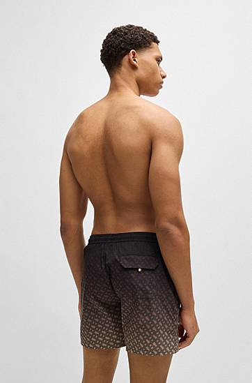 Badetøj BOSS Degradé Monogram Print Swim Shorts with Logo Badge Sort | 50534343, 1