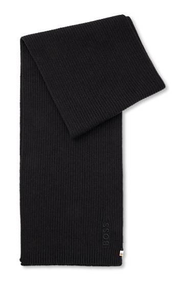 Tørklæde BOSS Ribbed Cotton-Blend Scarf with Logo Detail Sort | 50522441