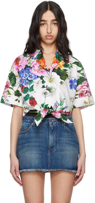 Skjorte Dolce & Gabbana Dolce&Gabbana Floral Print Tie-Front Shirt Hvid | F5T30T HS5S6, 0