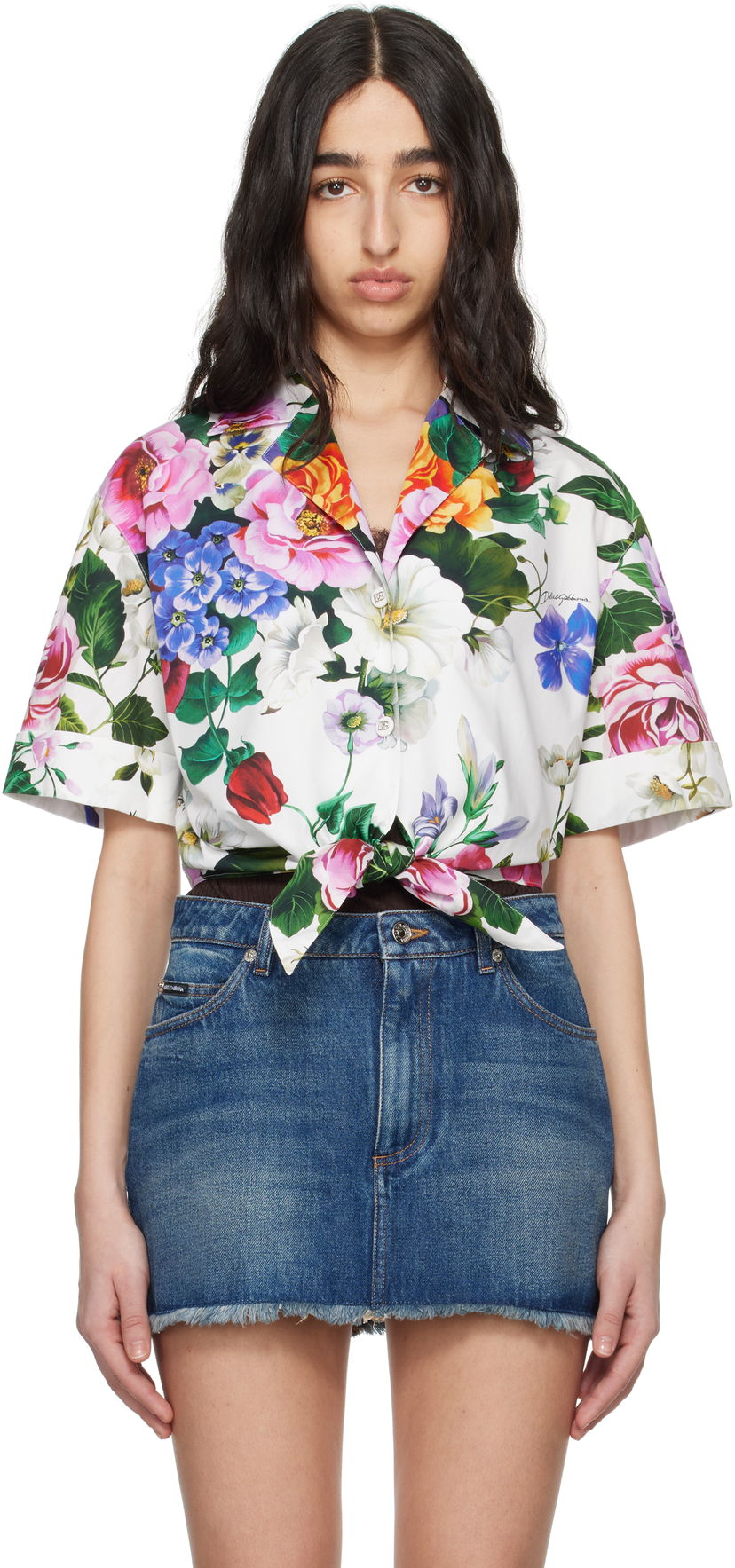 Skjorte Dolce & Gabbana Dolce&Gabbana Floral Print Tie-Front Shirt Hvid | F5T30T HS5S6