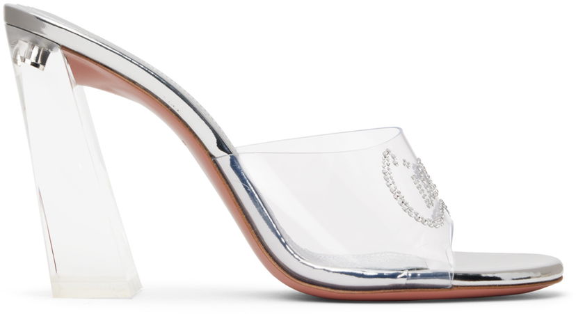 Skopleje Amina Muaddi Amina Muaddi Bella Glass Heeled Sandals Metalisk | BELLA GLASS SLIPPER BLOCK PVC