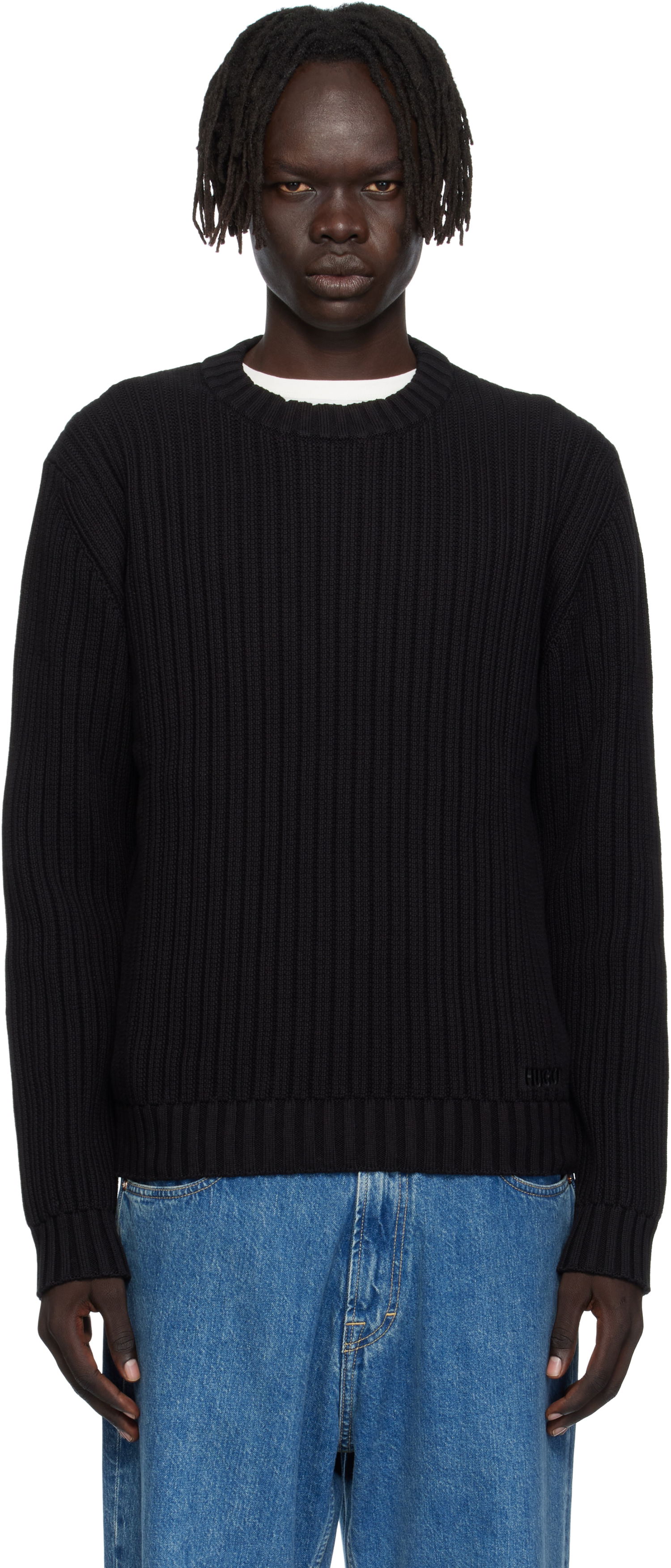 Sweater BOSS Hugo Embroidered-Logo Ribbed Knit Sweater Sort | 50546863, 0