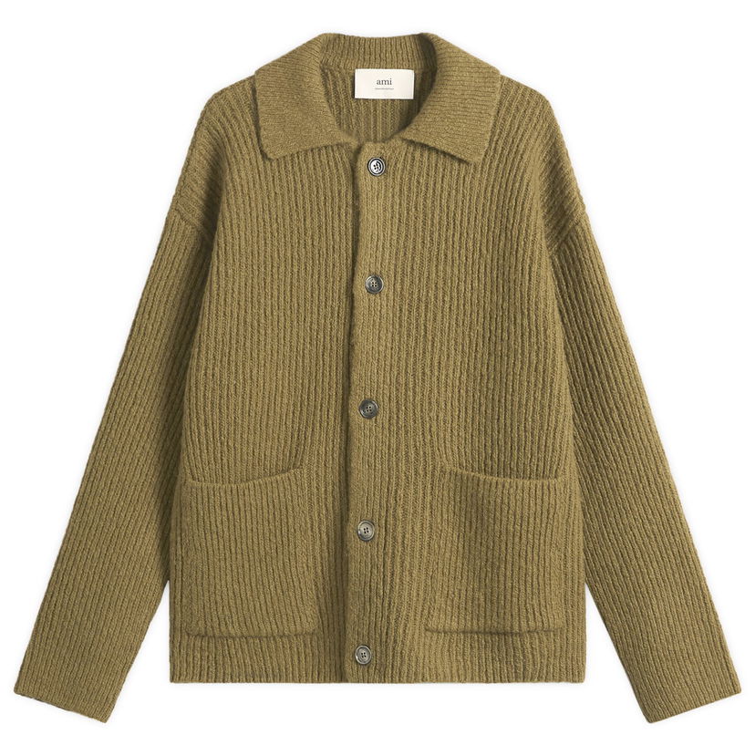 Sweater AMI Felted and Chunky Wool Ribbed Knit Cardigan, Size Large Grøn | H25HKC354-KN0112-298H25