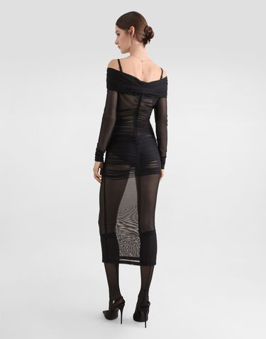 Kjole Dolce & Gabbana Dolce & Gabbana Draped Tulle Calf-Length Dress Sort | F6TLSTFLRC2N0000, 2