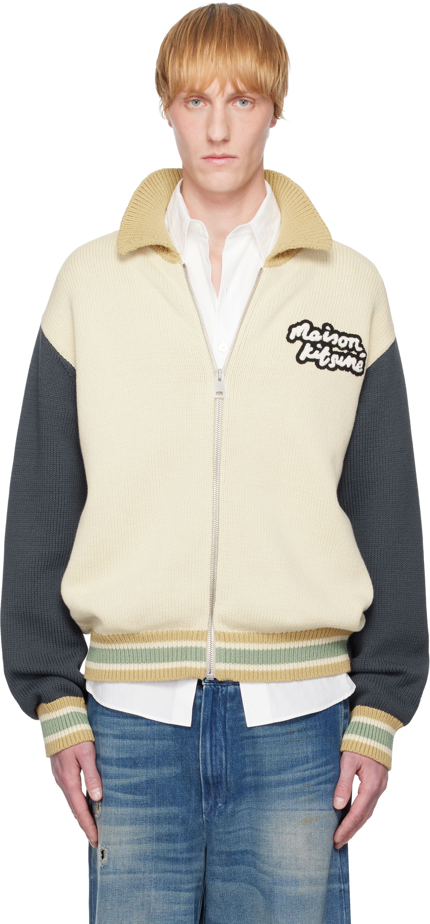 Sweater MAISON KITSUNÉ Maison Kitsuné Knitted College Bomber Jacket Beige | OM02131KT1139, 0