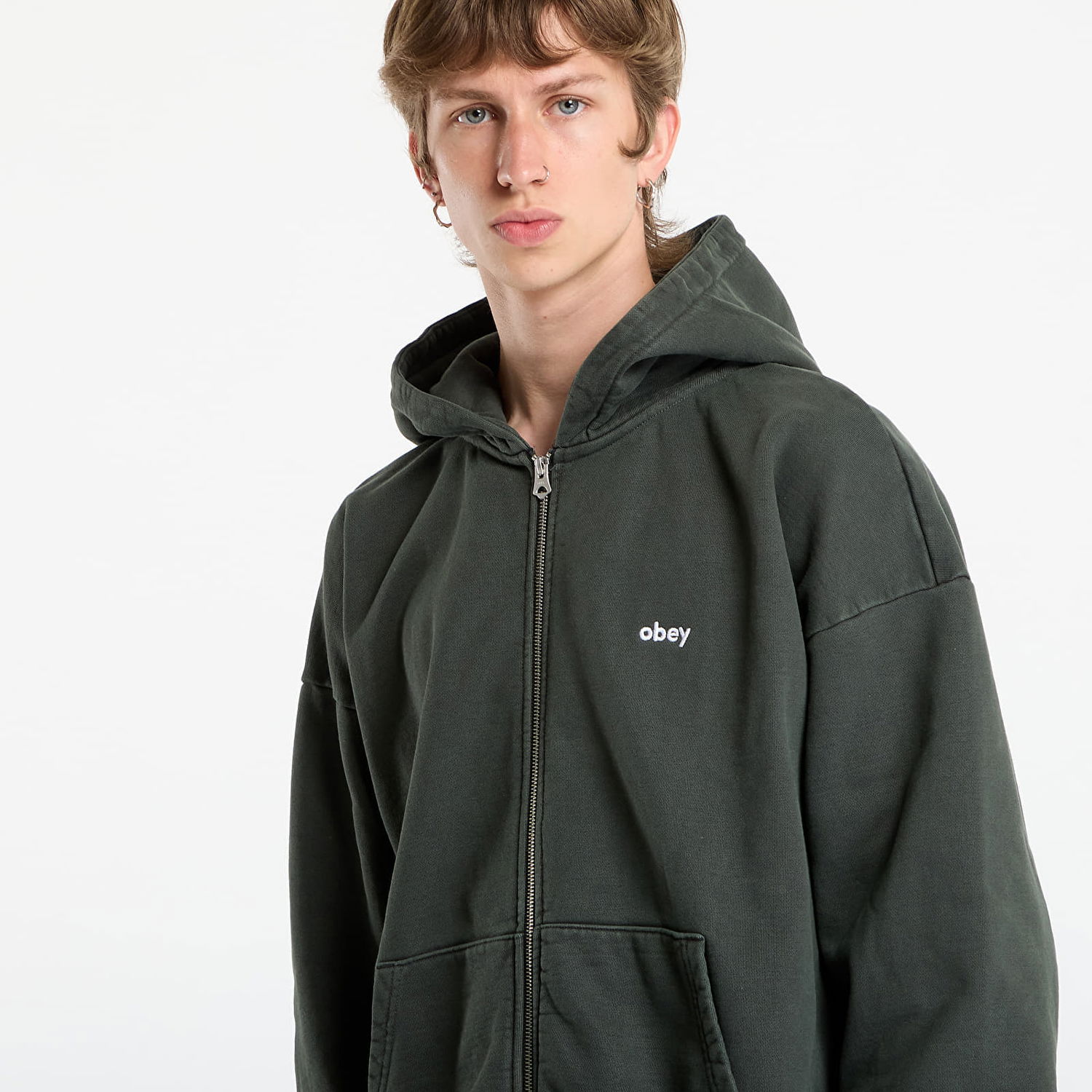 Sweatshirt OBEY OBEY Lowercase Pigment Zip Hoodie Grøn | 112460019-PBA, 1