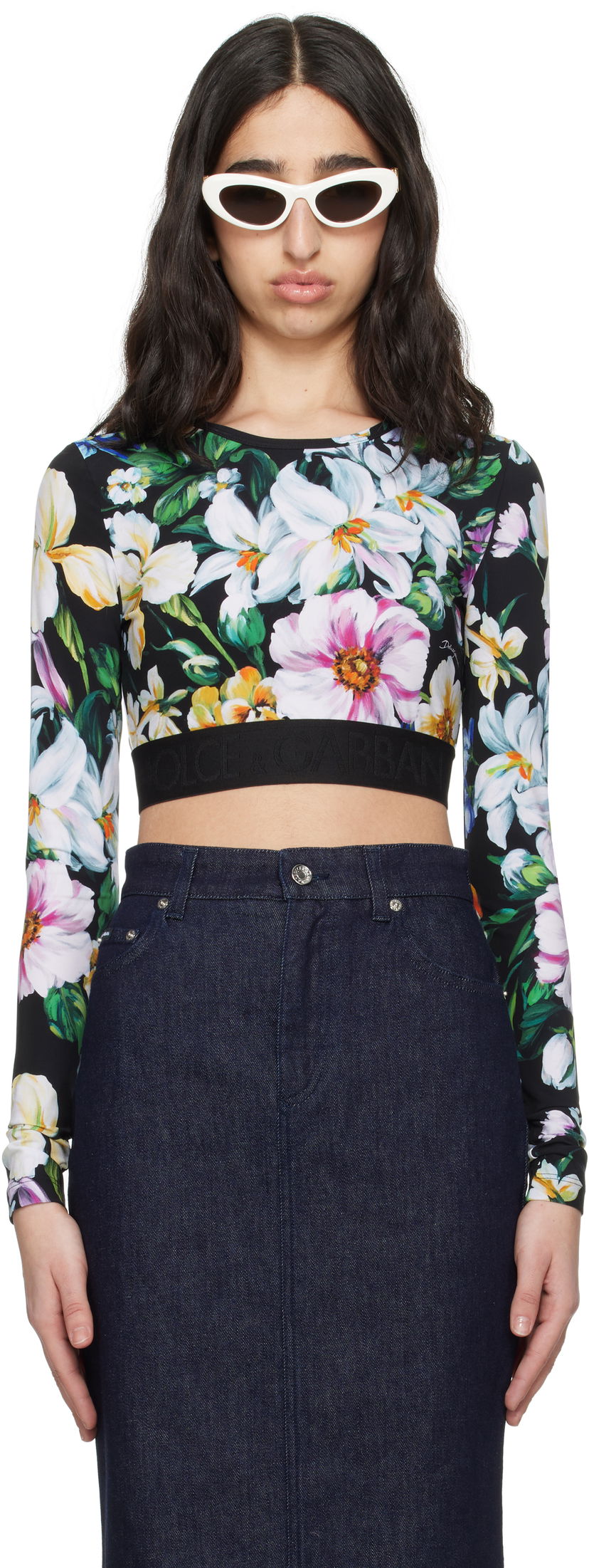 Crop top Dolce & Gabbana Dolce&Gabbana Floral Print Activewear Crop Top Sort | F8N51T FSG8L