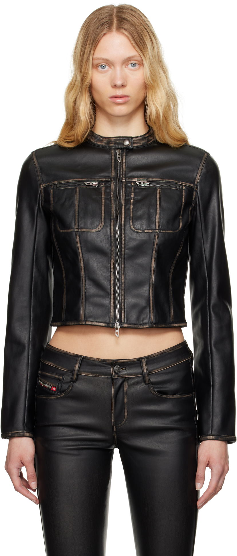 Jakke Diesel G-Lobe Faux-Leather Cropped Jacket Sort | A16660 0IKAR