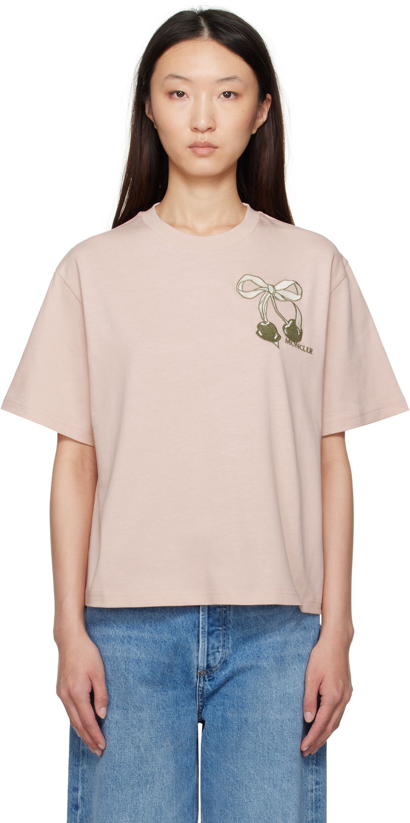 T-shirt Moncler Moncler Embroidered Cherry Logo Cotton T-Shirt Lyserød | K20938C0001189AUG