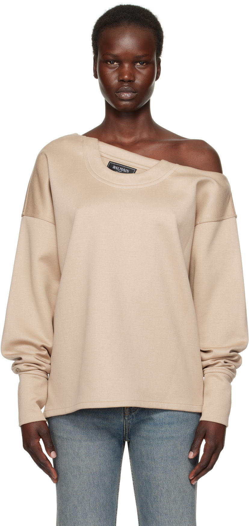 Sweater Balmain Balmain Asymmetrical Jersey Off-The-Shoulder Sweatshirt Beige | EF1HU301JJ69