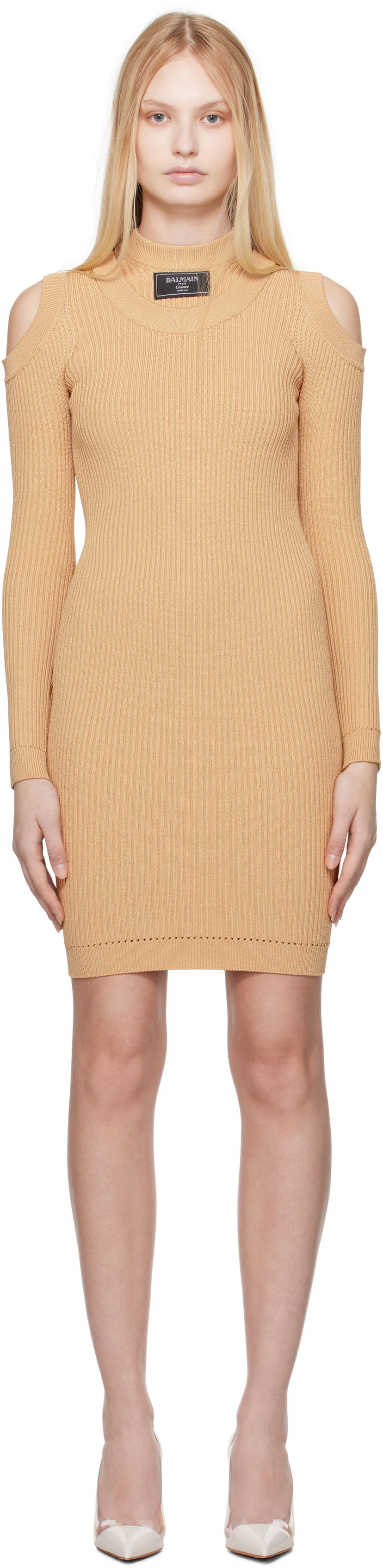 Kjole Balmain Balmain Shoulder Cut Knit Minidress Beige | EF1R8291KI10