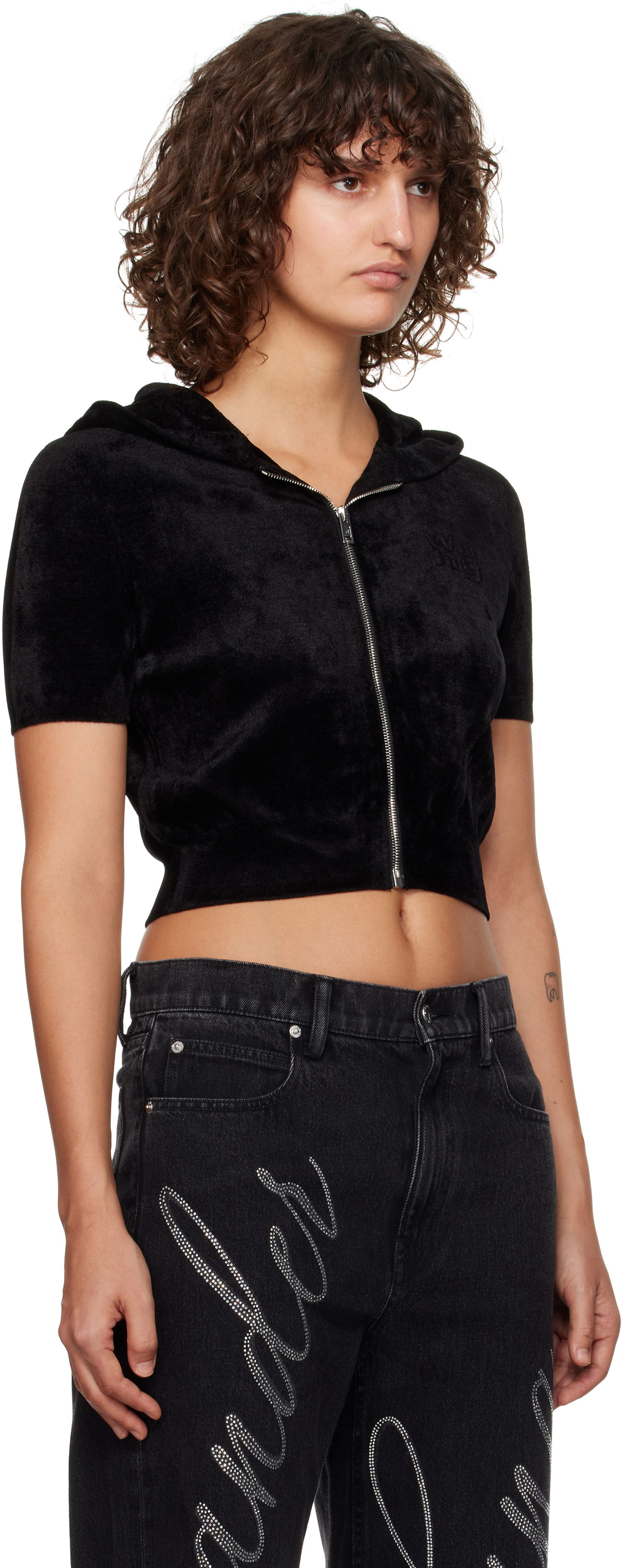 Sweatshirt Alexander Wang Alexander Wang.t Cropped Velour Zip-Up Hoodie Sort | 4KC4243003, 1
