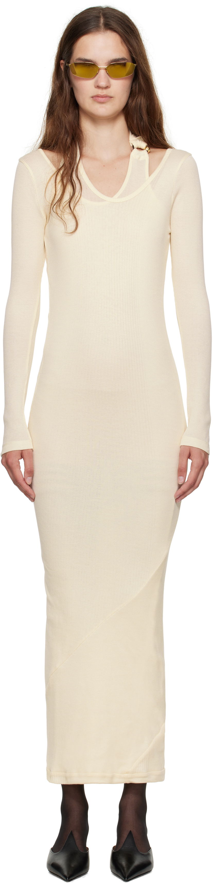 Kjole Jean Paul Gaultier Jean Paul Gaultier Ribbed Twisted Double Layer Midi Dress Beige | 25/03-W-DR014-J000-03