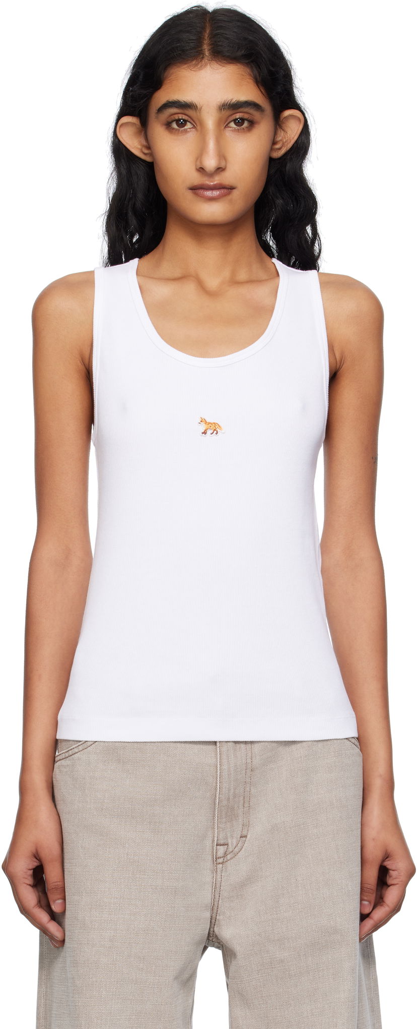 Tanktop MAISON KITSUNÉ Maison Kitsuné 'Baby Fox' Ribbed Tank Top Hvid | PW00623KA0033
