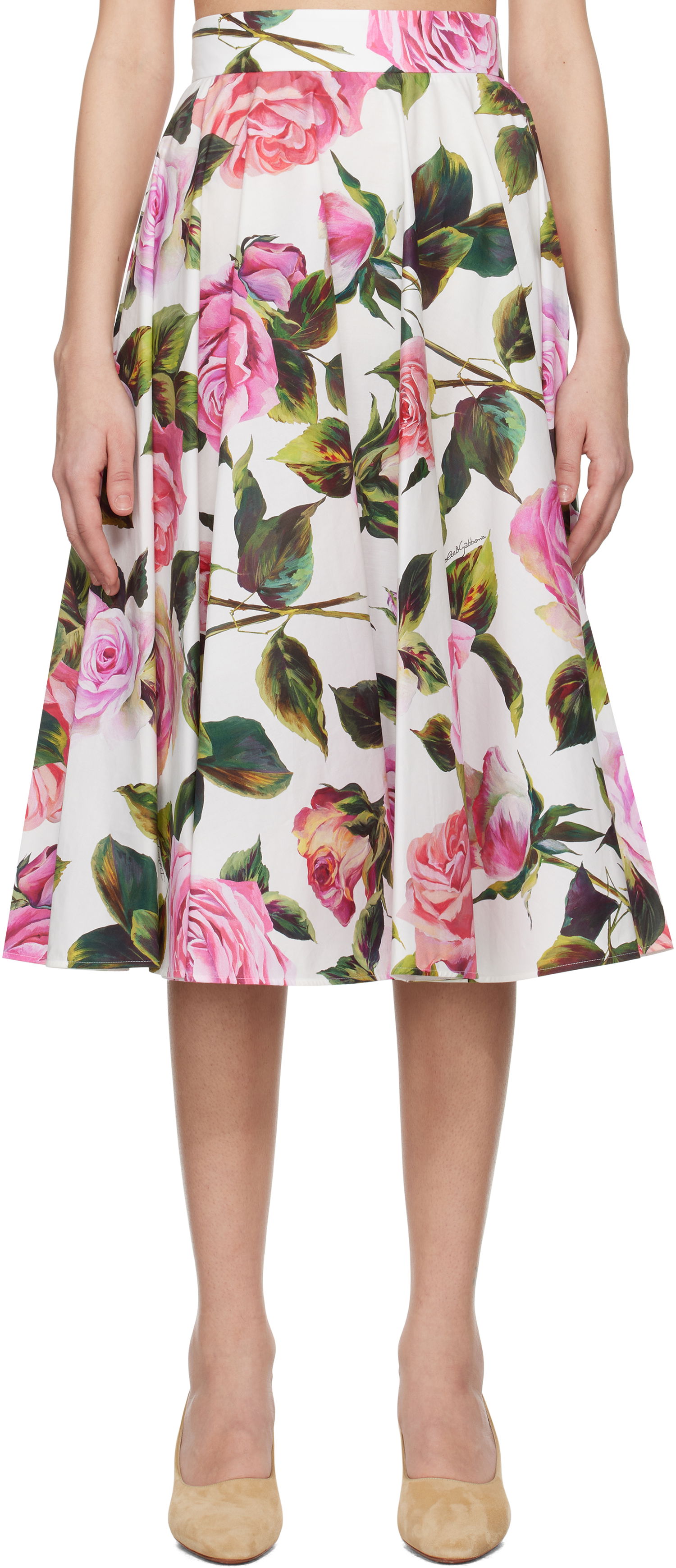 Nederdel Dolce & Gabbana Dolce&Gabbana Rose-Print Cotton Circle Midi Skirt Hvid | F4C1XT HS5S4, 0