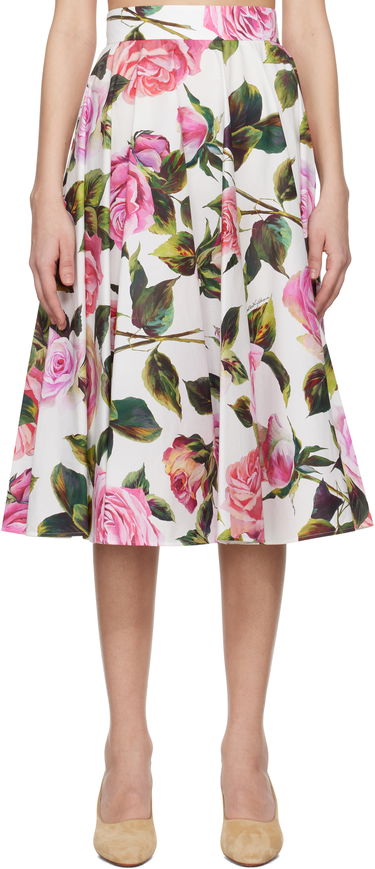 Nederdel Dolce & Gabbana Dolce&Gabbana Rose-Print Cotton Circle Midi Skirt Hvid | F4C1XT HS5S4, 0