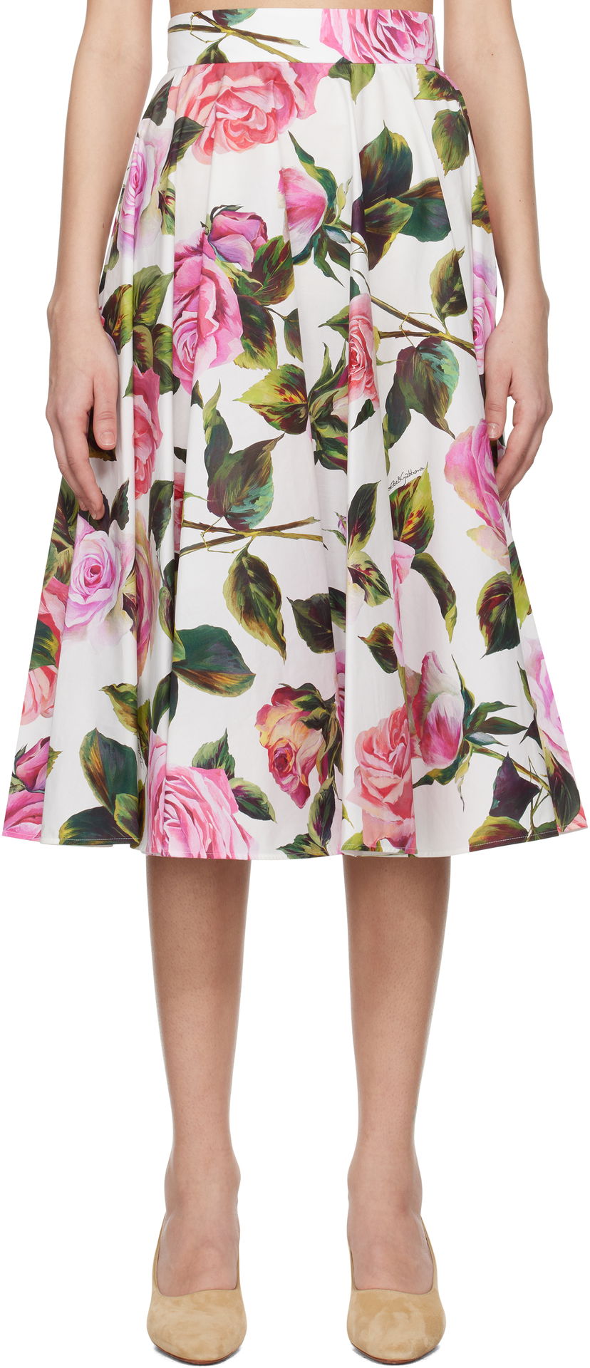 Nederdel Dolce & Gabbana Dolce&Gabbana Rose-Print Cotton Circle Midi Skirt Hvid | F4C1XT HS5S4