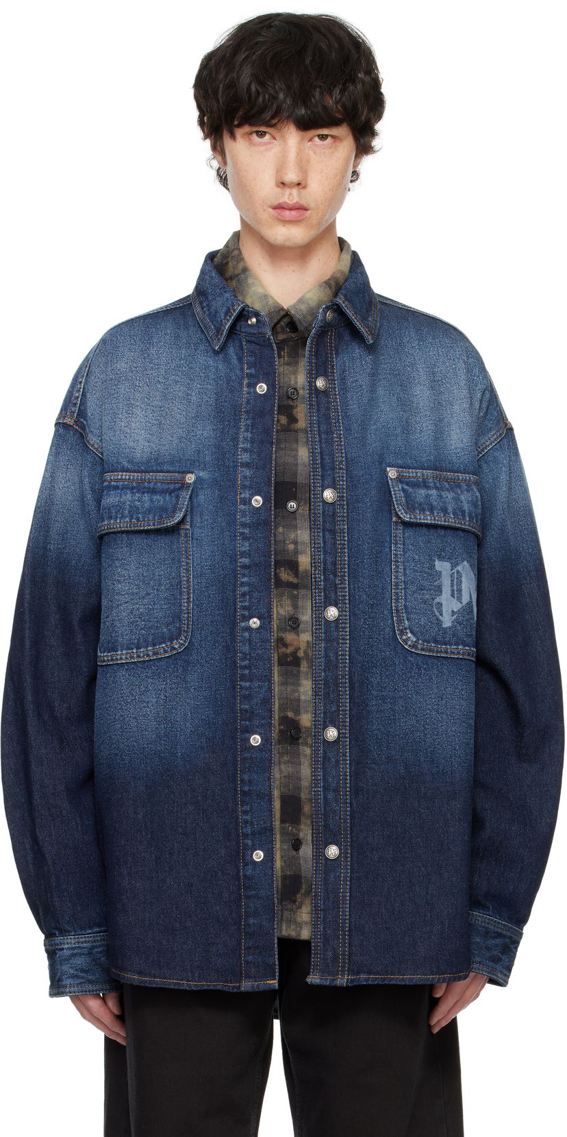 Skjorte Palm Angels Monogram Denim Overshirt Blå | PMYD020F24DEN0014503