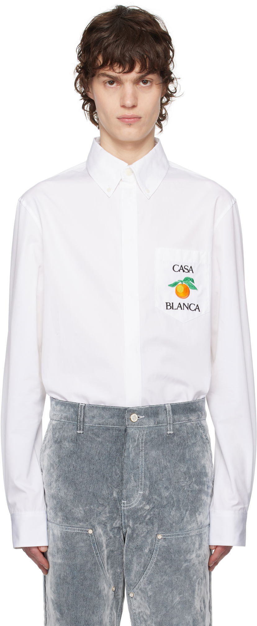Skjorte Casablanca Casablanca Embroidered Orange Oxford Shirt Hvid | MPS25-SH-150-01