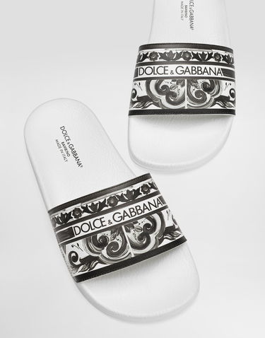 Tilbehør Dolce & Gabbana Dolce & Gabbana Majolica-Print Calfskin Slides Hvid | DD0318A1838IU3TN, 3