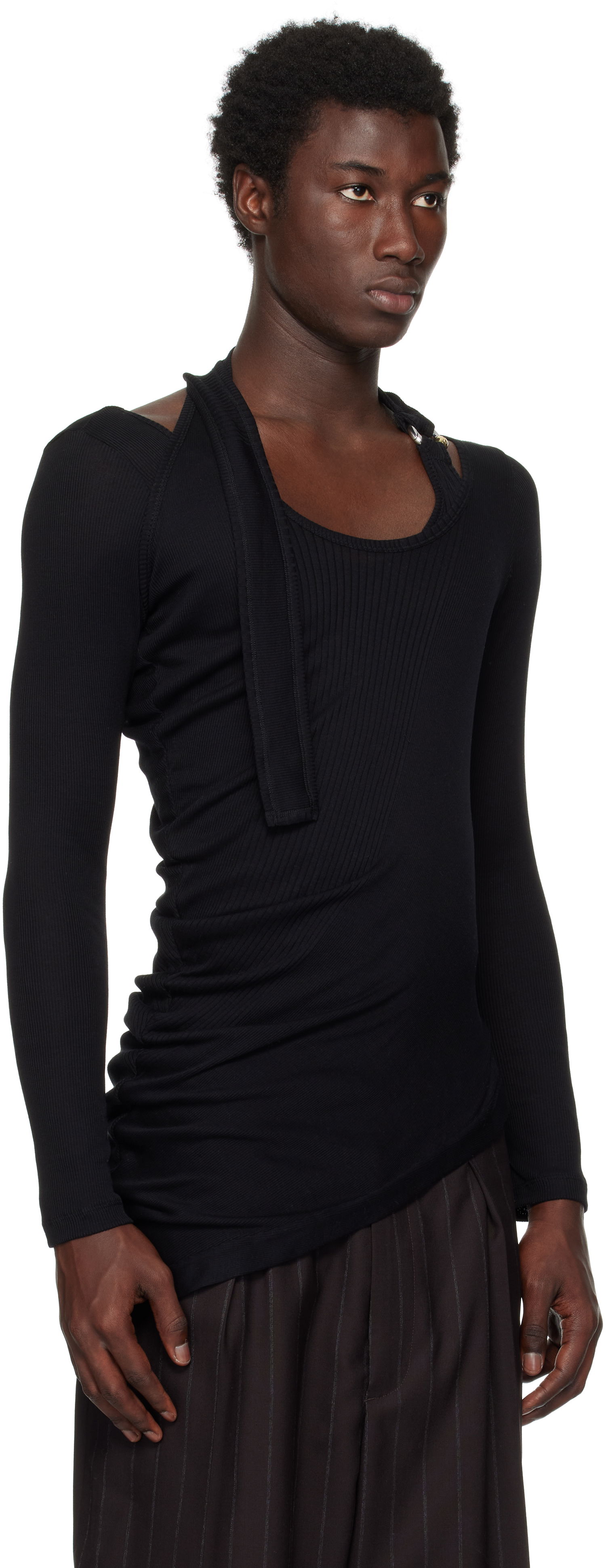 T-shirt Jean Paul Gaultier Jean Paul Gaultier Ribbed Twisted Double Layer Piercing T-Shirt Sort | 25/03-W-TO287-J000-00, 1