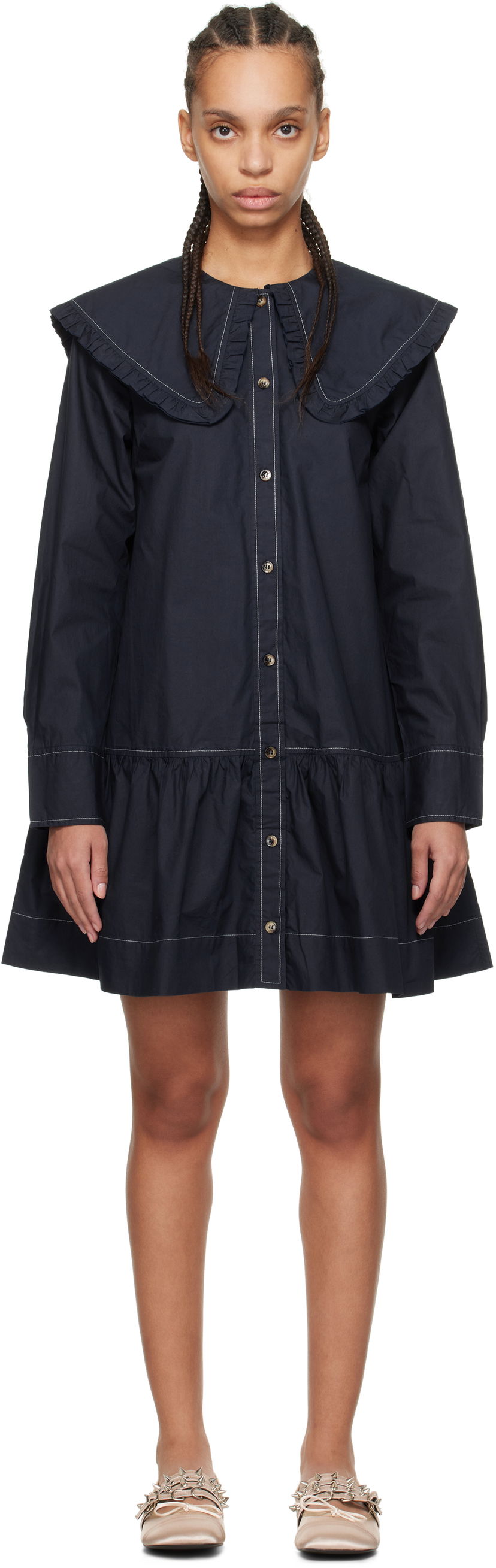 Kjole GANNI Ganni Ruffle Collar Drop Waist Minidress Mørkeblå | W0157