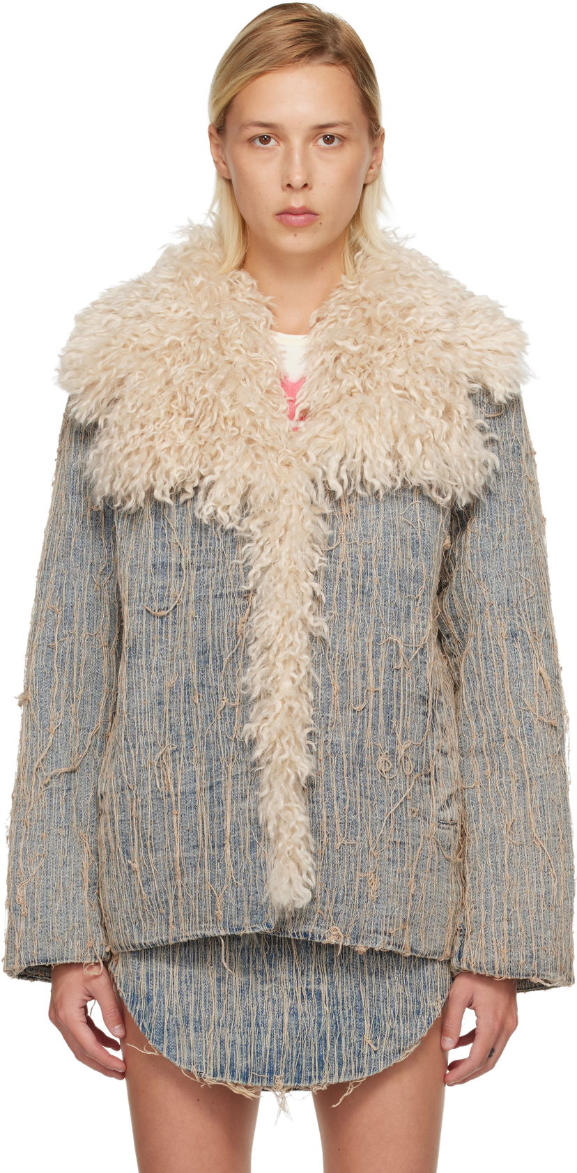 Jakke Diesel De-Aconic-S Frayed Denim Jacket with Faux Fur Trim Blå | A19045 0CMBZ