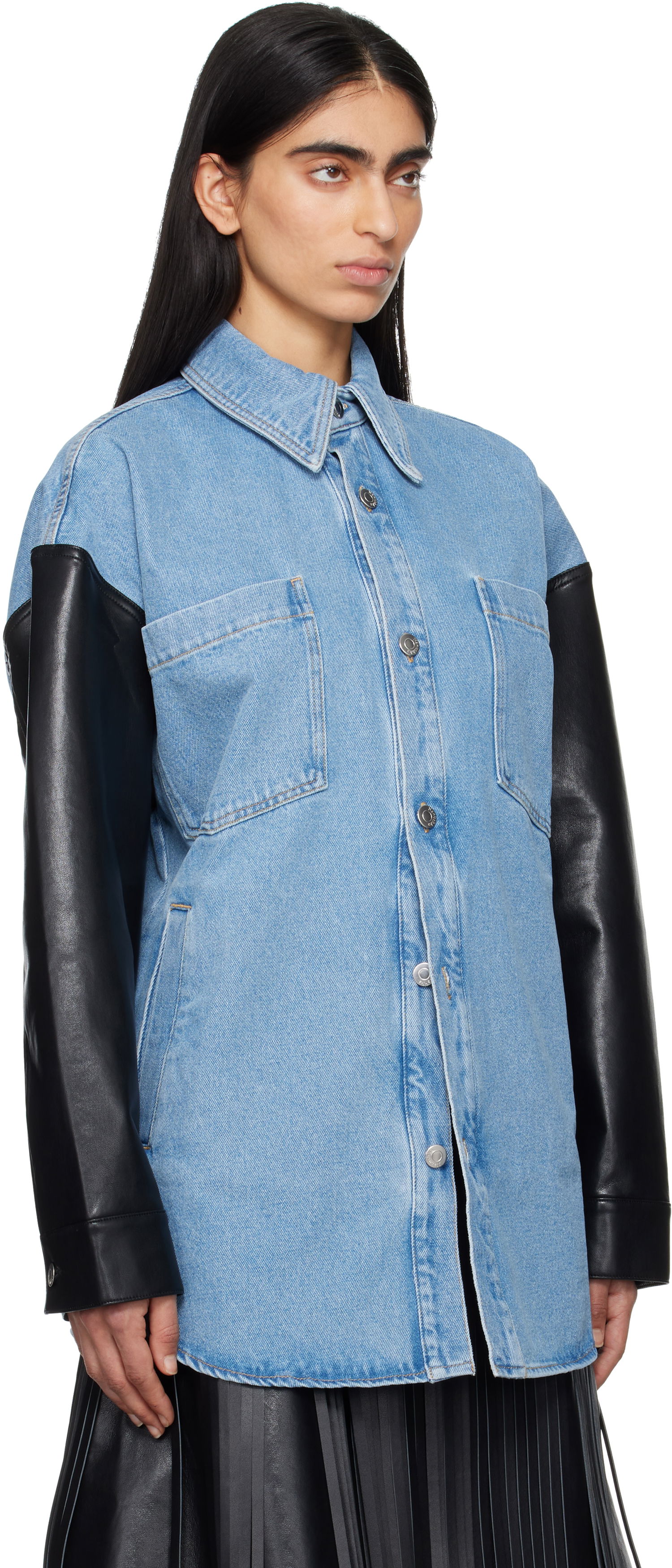 Skjorte Nanushka Nanushka Zinnie Denim Shirt with Faux Leather Sleeves Blå | NU25RSTP09753, 1