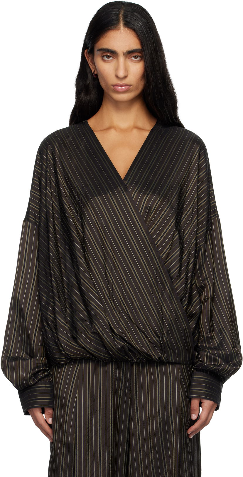 Skjorte Dries Van Noten Dries Van Noten Striped Long Sleeve Wrap Shirt Brun | 252-010715-2267