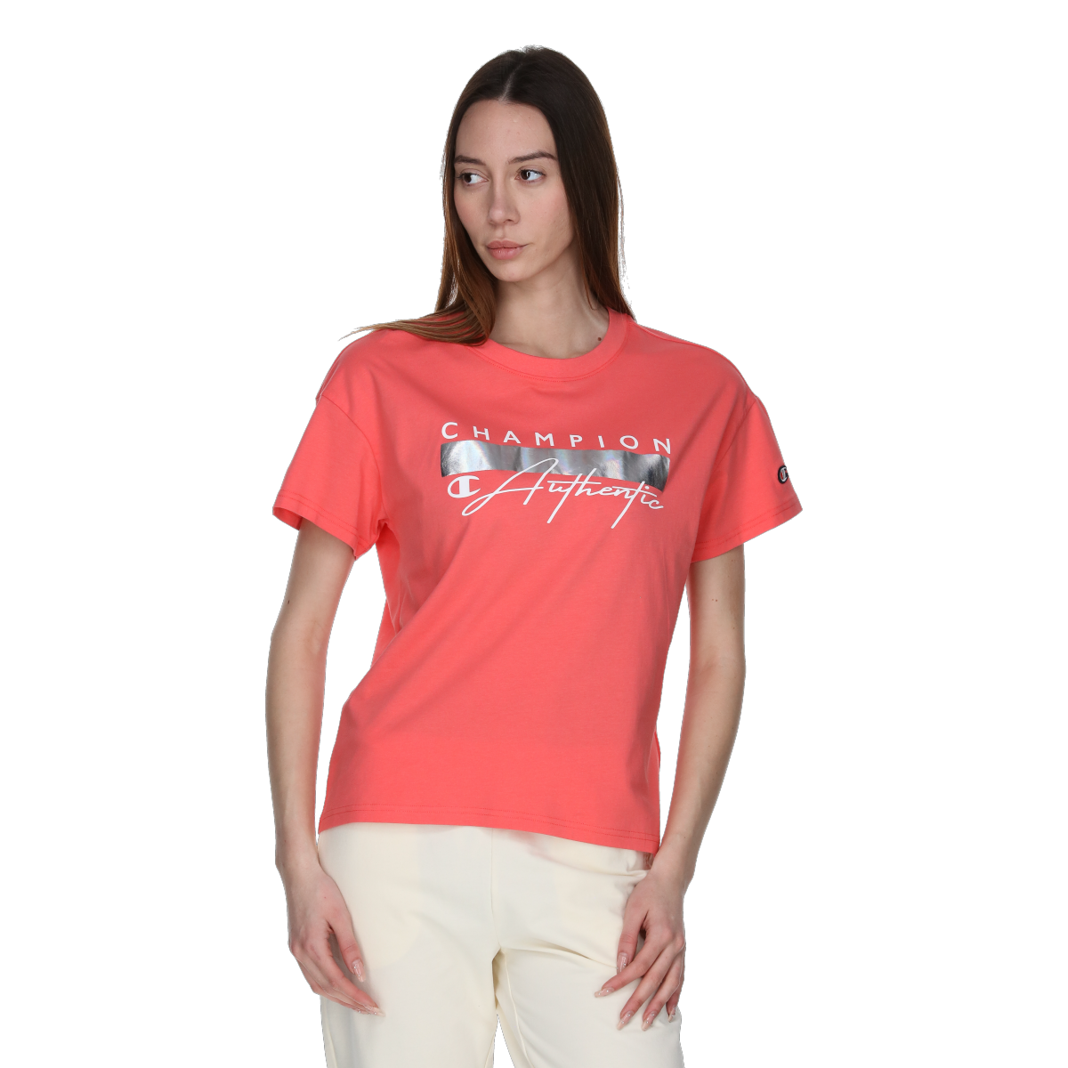 T-shirt Champion Crewneck T-Shirt with Metallic Bar and Authentic Script Graphic Lyserød | 118184-RS036, 0
