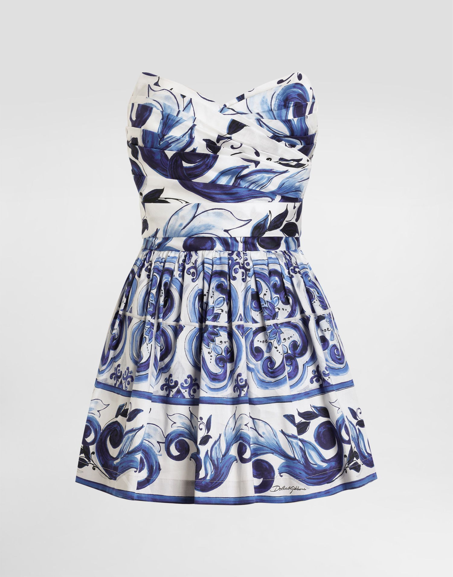 Kjole Dolce & Gabbana DG EXCLUSIVE Majolica-print Cotton Satin Strapless Pleated Mini Dress Flerfarvet | I6KI3WHS5T1HY3TN, 0