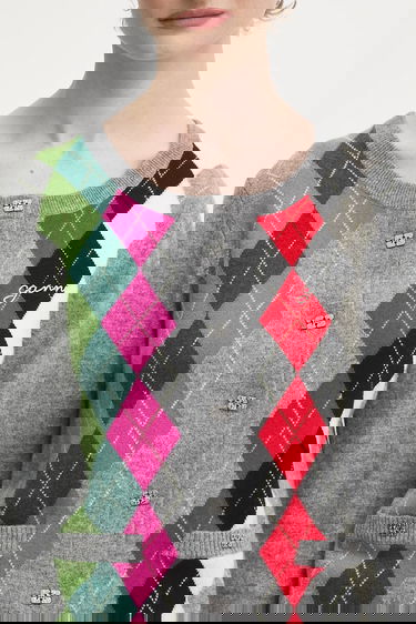 Sweater GANNI Multicolor Argyle Cashmere Wool Mix Round Neck Cardigan Flerfarvet | K2512, 3