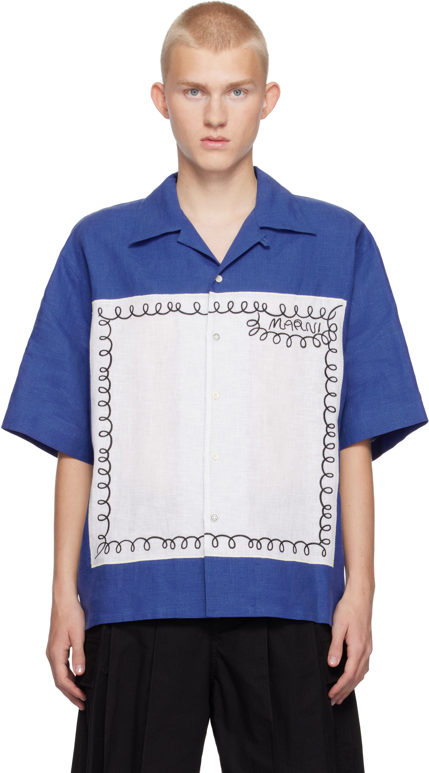 Skjorte Marni Embroidered Bowling Shirt Blå | CUMU0320SQ USR005, 0