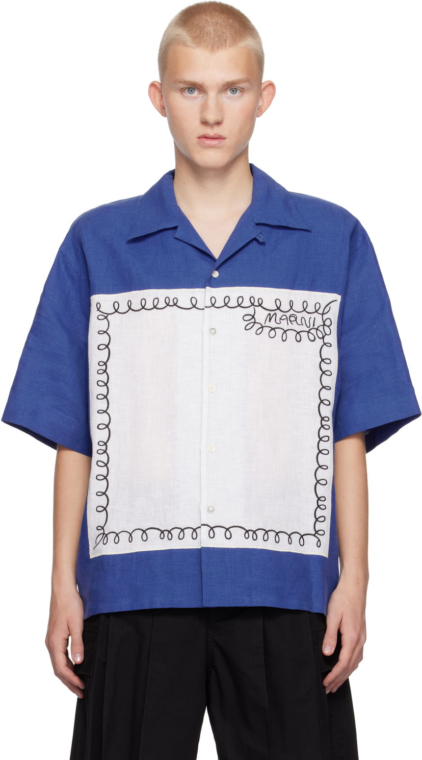 Skjorte Marni Embroidered Bowling Shirt Blå | CUMU0320SQ USR005
